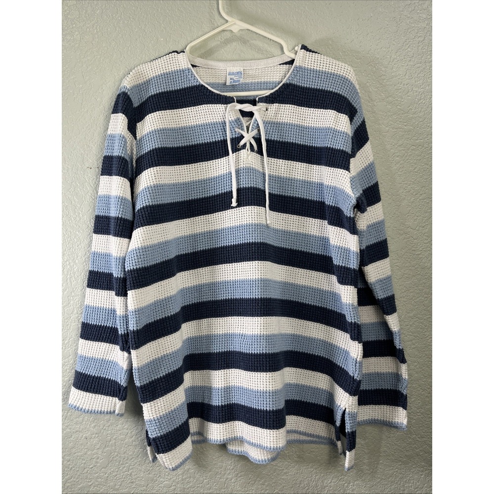 Olympic Sweater Womens XL Blue White Striped Lace Up Cotton Knit Coastal Greece